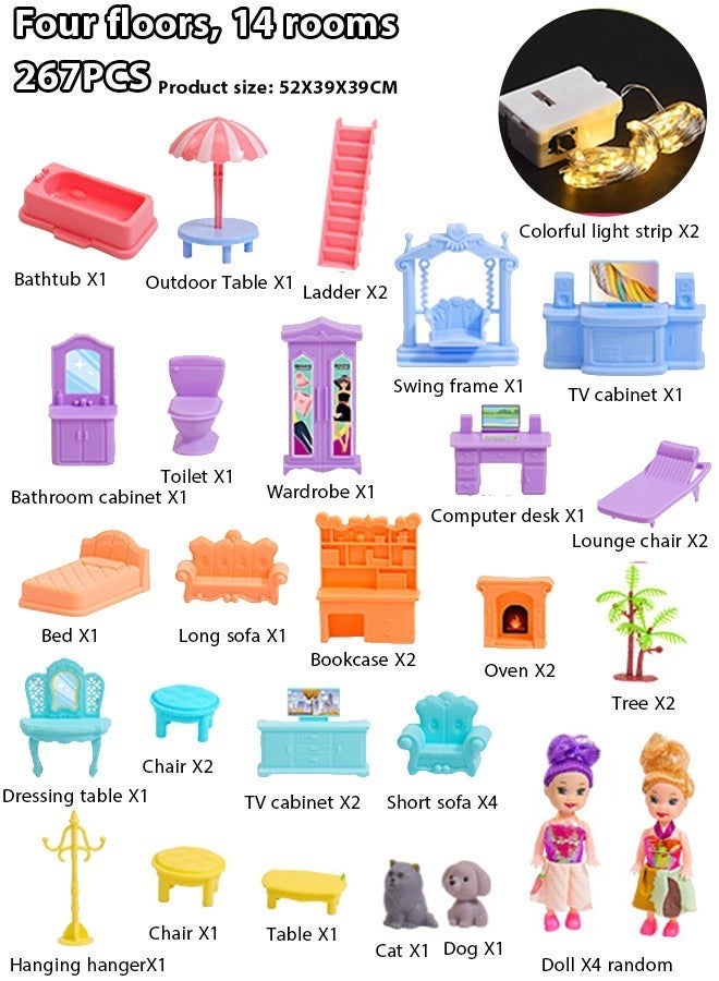 منزل الأميرة الضخم DIY للفتيات، منزل وضع، منزل دمية لعبة، فيلا قلعة، مجموعة لعب بيت الدمية مع 14 غرفة 4 دمى 2 شريط إضاءة ملون مع أضواء لتجميع المطبخ، غرفة النوم، الأثاث، الحديقة، الحيوانات الأليفة DIY بيت الدمية التظاهري للفتيات، فتاة تجميع المنزل، هدية عيد ميلاد. - Image 2